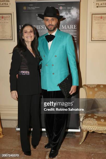 Francesca De Stefano and Jonathan Kashanian attend a photocall for "L'Orchestra Del Mare" at Teatro Alla Scala on February 12, 2024 in Milan, Italy.
