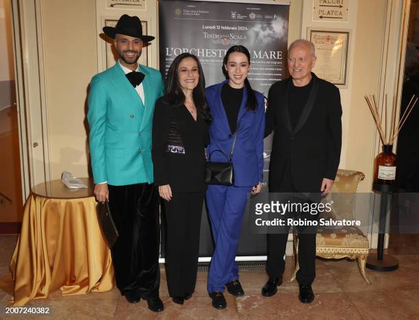 Jonathan Kashanian Francesca De Stefano, Aurora Ramazzotti and Santo Versace attends a photocall for "L'Orchestra Del Mare" at Teatro Alla Scala on...