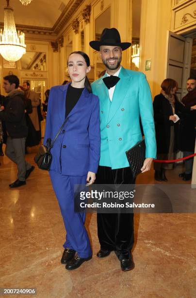 Jonathan Kashanian and Aurora Ramazzotti attends a photocall for "L'Orchestra Del Mare" at Teatro Alla Scala on February 12, 2024 in Milan, Italy.
