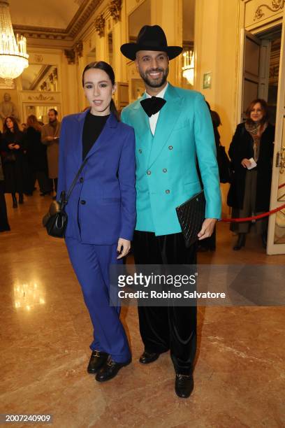 Jonathan Kashanian and Aurora Ramazzotti attends a photocall for "L'Orchestra Del Mare" at Teatro Alla Scala on February 12, 2024 in Milan, Italy.
