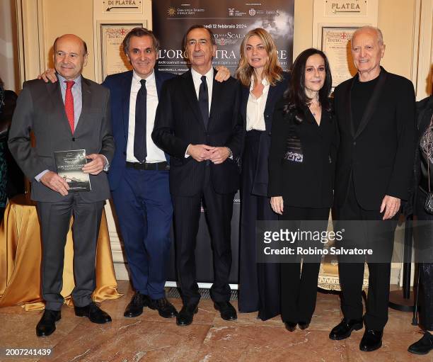 Dominique Mayer, Arnoldo Mosca Mondadori, Beppe Sala, Chiara Bazoli , Francesca De Stefano and Santo Versace attends a photocall for "L'Orchestra Del...