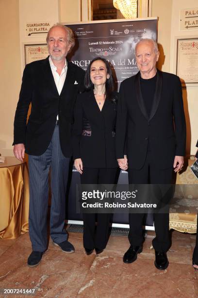 Arturo Artom, Francesca De Stefano and Santo Versace attends a photocall for "L'Orchestra Del Mare" at Teatro Alla Scala on February 12, 2024 in...