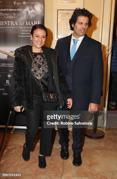 Giusy Versace and Antonio Magr attends a photocall for "L'Orchestra Del Mare" at Teatro Alla Scala on February 12, 2024 in Milan, Italy.
