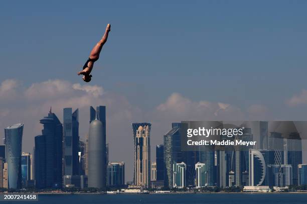 Molly Carlson of Team Canada competes in the Women's 20m High Diving Rounds 1 & 2 on day twelve of the Doha 2024 World Aquatics Championships at Doha...