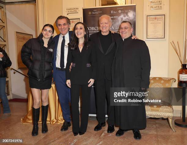 Santo Versace, Francesca De Stefano with guests attends a photocall for "L'Orchestra Del Mare" at Teatro Alla Scala on February 12, 2024 in Milan,...