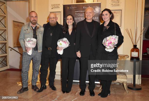 Santo Versace, Francesca De Stefano and guests attends a photocall for "L'Orchestra Del Mare" at Teatro Alla Scala on February 12, 2024 in Milan,...