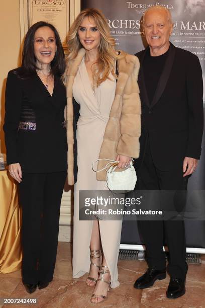 Francesca De Stefano, Michela Persico and Santo Versace attends a photocall for "L'Orchestra Del Mare" at Teatro Alla Scala on February 12, 2024 in...