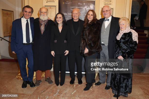 Arnoldo Mosca Mondadori, Francesca De Stefano, Santo Versace and guests attends a photocall for "L'Orchestra Del Mare" at Teatro Alla Scala on...