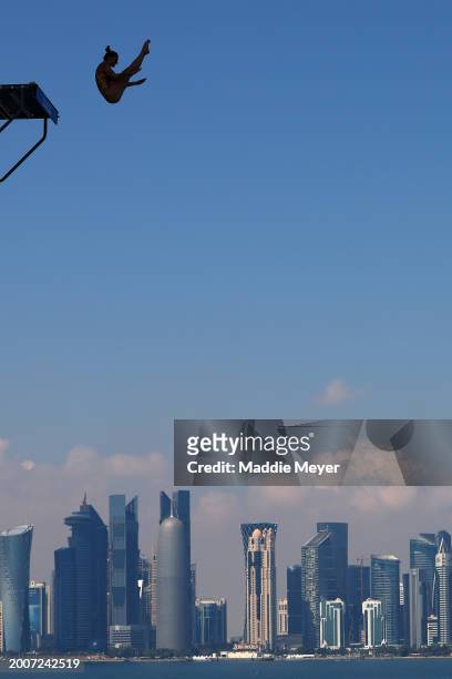 Iris Schmidbauer of Team Germany competes in the Women's 20m High Diving Rounds 1 & 2 on day twelve of the Doha 2024 World Aquatics Championships at...