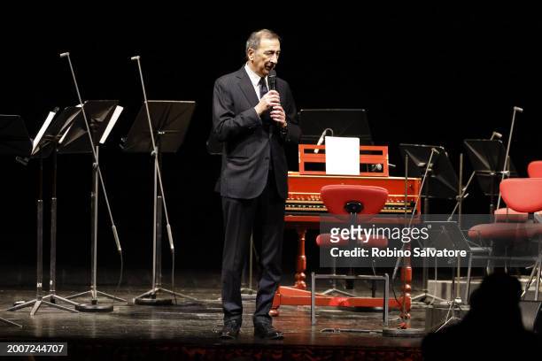 Beppe Sala attends a photocall for "L'Orchestra Del Mare" at Teatro Alla Scala on February 12, 2024 in Milan, Italy.