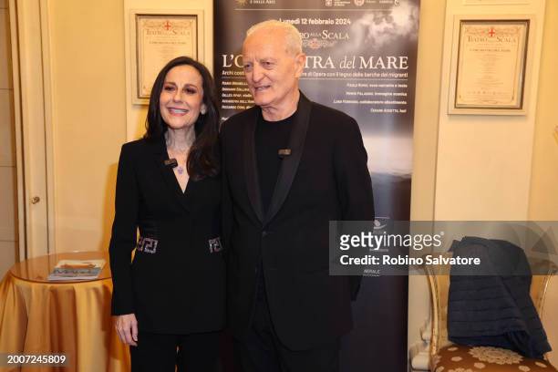 Francesca De Stefano and Santo Versace attends a photocall for "L'Orchestra Del Mare" at Teatro Alla Scala on February 12, 2024 in Milan, Italy.