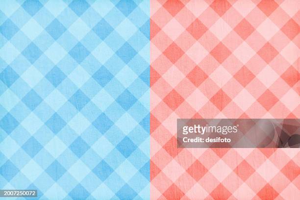 bright turquoise light sky blue and pastel pink red two colored soft pastel slanting or oblique checkered crisscross pattern textured divided halved horizontal blank empty vector backgrounds like gingham or table cloth or napkin - blanket texture stock illustrations