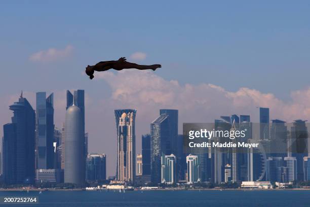 Jessica Macaulay of Team Canada competes in the Women's 20m High Diving Rounds 1 & 2 on day twelve of the Doha 2024 World Aquatics Championships at...