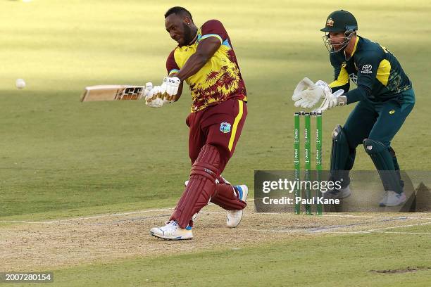 Andre Russell of the West Indies bats during game three of the Men's T20 International series between Australia and West Indies at Optus Stadium on...