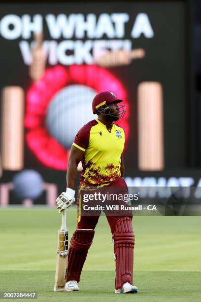 Andre Russell of the West Indies leaves the field after being dismissed during game three of the Men's T20 International series between Australia and...