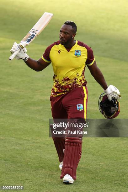 Andre Russell of the West Indies walks from the field after being dismissed during game three of the Men's T20 International series between Australia...