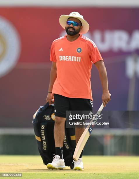 India captain Rohit Sharma during the India Net Session at Saurashtra Cricket Association Stadium on February 13, 2024 in Rajkot, India.
