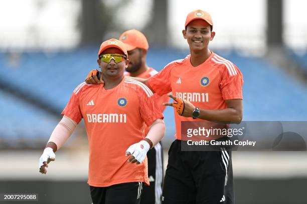 Sarfaraz Khan and Yashasvi Jaiswal of India during the India Net Session at Saurashtra Cricket Association Stadium on February 13, 2024 in Rajkot,...
