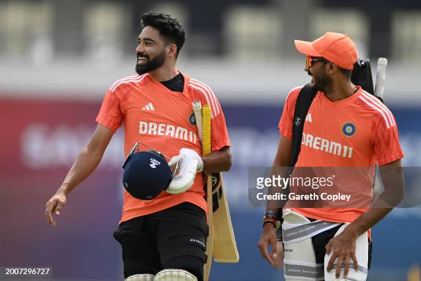 Mohammed Siraj and Axar Patel of India during the India Net Session at Saurashtra Cricket Association Stadium on February 13, 2024 in Rajkot, India.