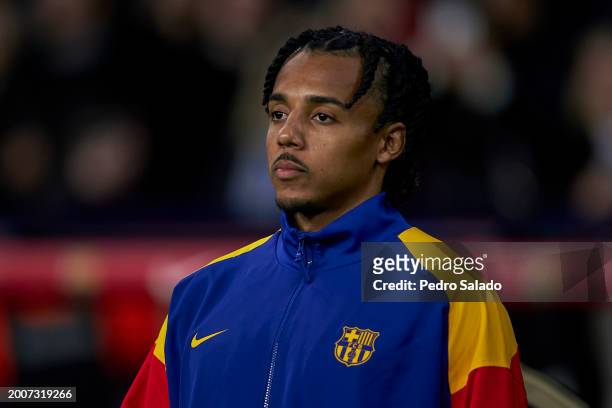 Jules Kounde of FC Barcelona looks on prior to the LaLiga EA Sports match between FC Barcelona and Granada CF at Estadi Olimpic Lluis Companys on...