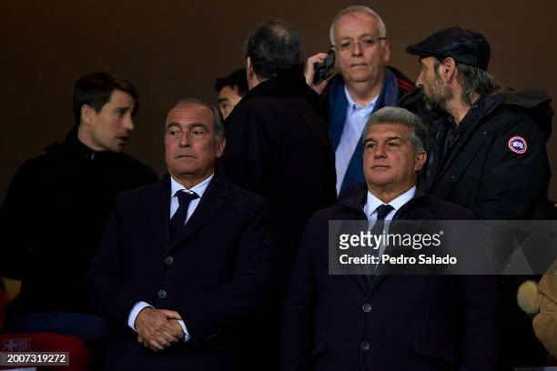 Vice President of FC Barcelona Rafa Yuste and Joan Laporta, president of FC Barcelona look on prior to the LaLiga EA Sports match between FC...