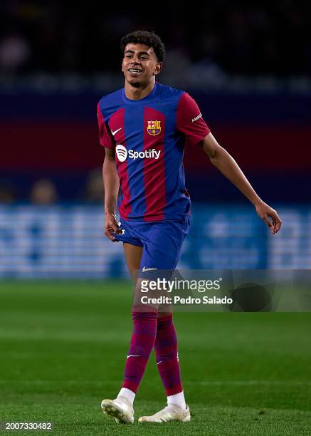 Lamine Yamal of FC Barcelona looks on during the LaLiga EA Sports match between FC Barcelona and Granada CF at Estadi Olimpic Lluis Companys on...