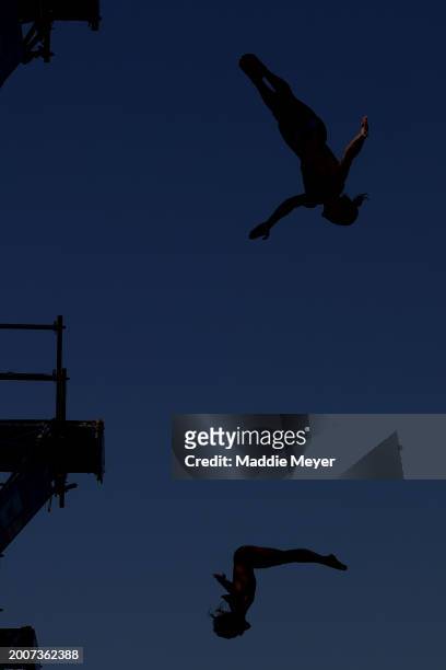 Athletes train before the Men's High Diving Rounds 1 & 2 on day twelve of the Doha 2024 World Aquatics Championships at Doha Port on February 13,...