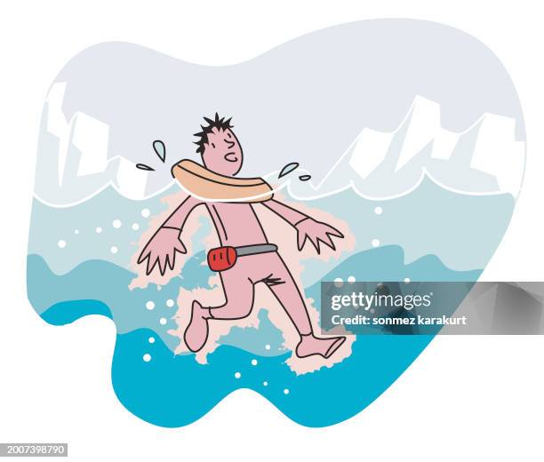 mann im kalten meer wartet auf rettung - schiffbrüchiger stock-grafiken, -clipart, -cartoons und -symbole