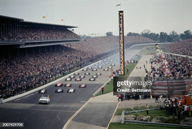 Cars competing in the Indianapolis 500 automobile race at the Indianapolis Motor Speedway, Indiana, May 30th 1967.