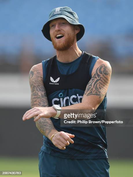 Ben Stokes of England reacts during the England Net Session at Saurashtra Cricket Association Stadium on February 13, 2024 in Rajkot, India.