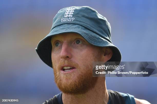Ben Stokes of England looks on during the England Net Session at Saurashtra Cricket Association Stadium on February 13, 2024 in Rajkot, India.