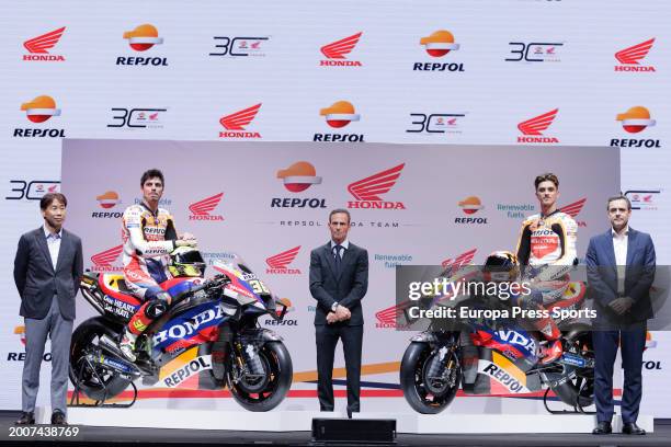 Tetsuhiro Kuwata , Joan Mir , Alberto Puig, Luca Marin and marcos Feaga during the presentation of Repsol Honda Team for MotoGP 2024 at Warner Music...