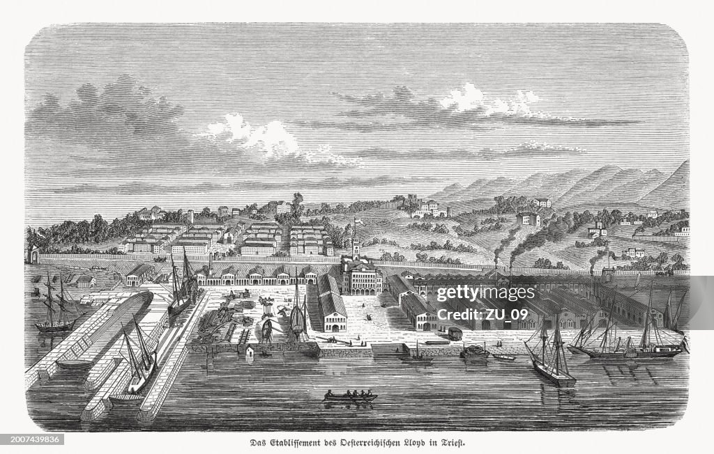 Austrian Lloyd establishment in Trieste (Italy), wood engraving, published 1869