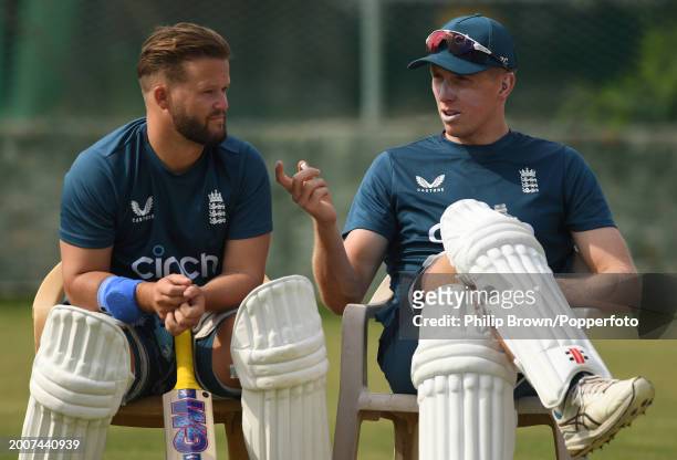 Ben Duckett and Zak Crawley of England talk during the England Net Session at Saurashtra Cricket Association Stadium on February 13, 2024 in Rajkot,...