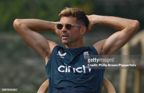 James Anderson of England looks on during the England Net Session at Saurashtra Cricket Association Stadium on February 13, 2024 in Rajkot, India.