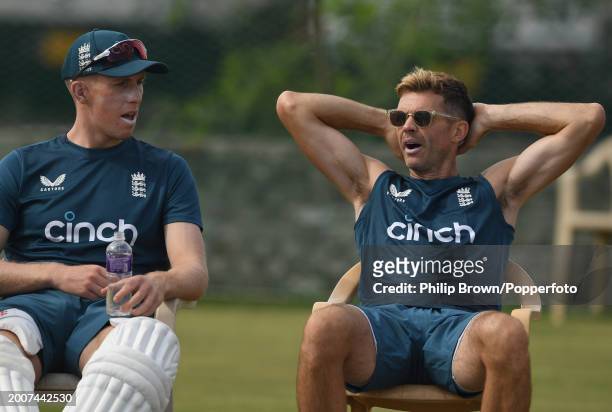 Zak Crawley and James Anderson of England talk during the England Net Session at Saurashtra Cricket Association Stadium on February 13, 2024 in...
