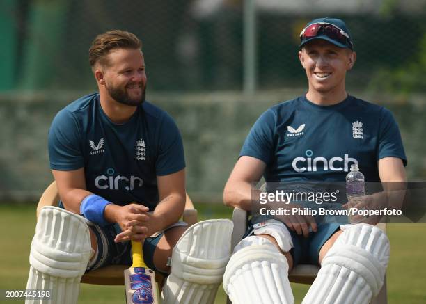 Ben Duckett and Zak Crawley of England look on during the England Net Session at Saurashtra Cricket Association Stadium on February 13, 2024 in...