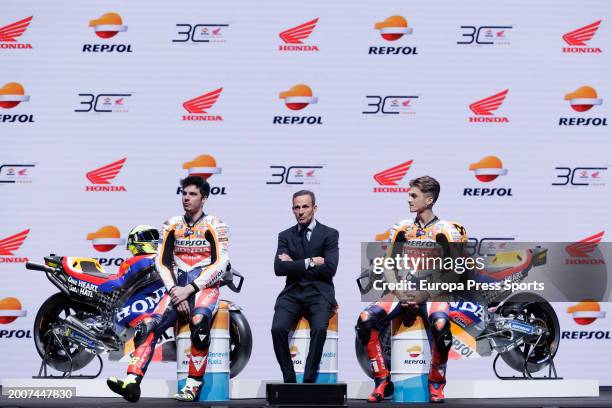 Joan Mir , Alberto Puig and Luca Marin during the presentation of Repsol Honda Team for MotoGP 2024 at Warner Music on February 13, 2024 in Madrid,...