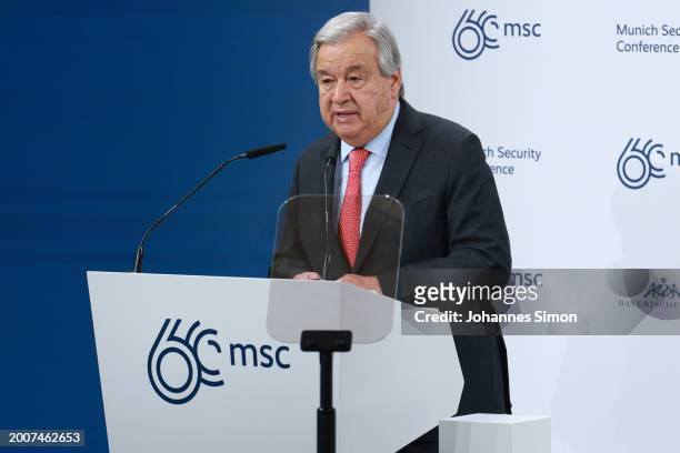 Secretary-General of the United Nations, António Guterres speaks at the 2024 Munich Security Conference on February 16, 2024 in Munich, Germany. The...