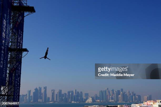 Frederic Gagne of Team Canada competes in the Men's 27m High Diving Rounds 1 & 2 on day twelve of the Doha 2024 World Aquatics Championships at Doha...