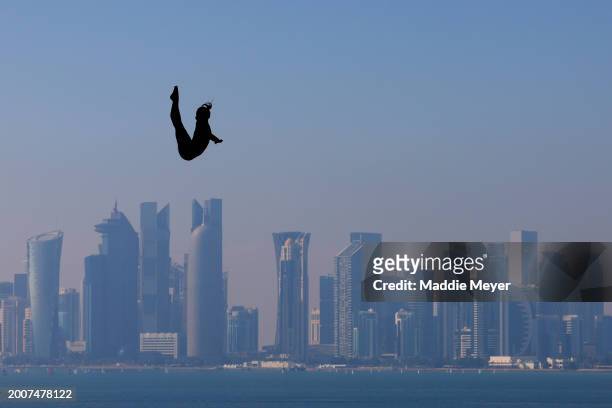 Catalin-Petru Preda of Romania competes in the Men's 27m High Diving Rounds 1 & 2 on day twelve of the Doha 2024 World Aquatics Championships at Doha...