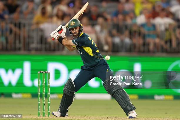 Glenn Maxwell of Australia bats during game three of the Men's T20 International series between Australia and West Indies at Optus Stadium on...