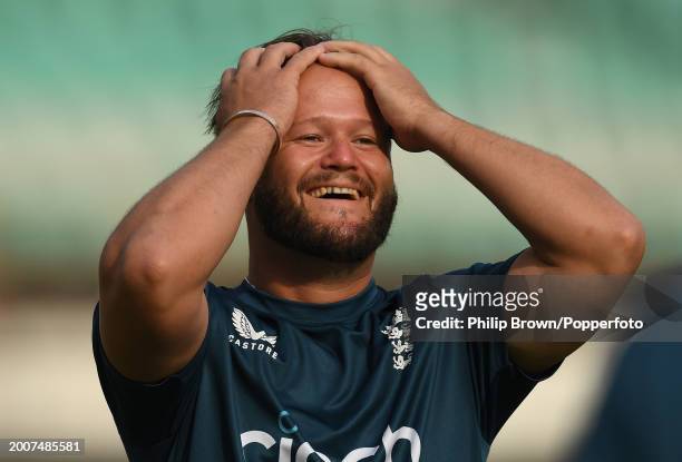 Ben Duckett looks on after heading a football during the England Net Session at Saurashtra Cricket Association Stadium on February 13, 2024 in...
