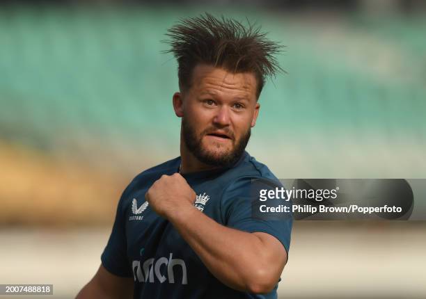 Ben Duckett looks on after heading a football during the England Net Session at Saurashtra Cricket Association Stadium on February 13, 2024 in...