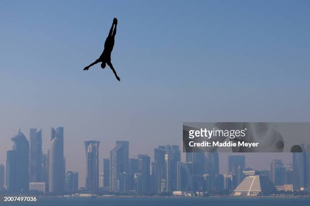 Scott Lazeroff of Team United States competes in the Men's 27m High Diving Rounds 1 & 2 on day twelve of the Doha 2024 World Aquatics Championships...