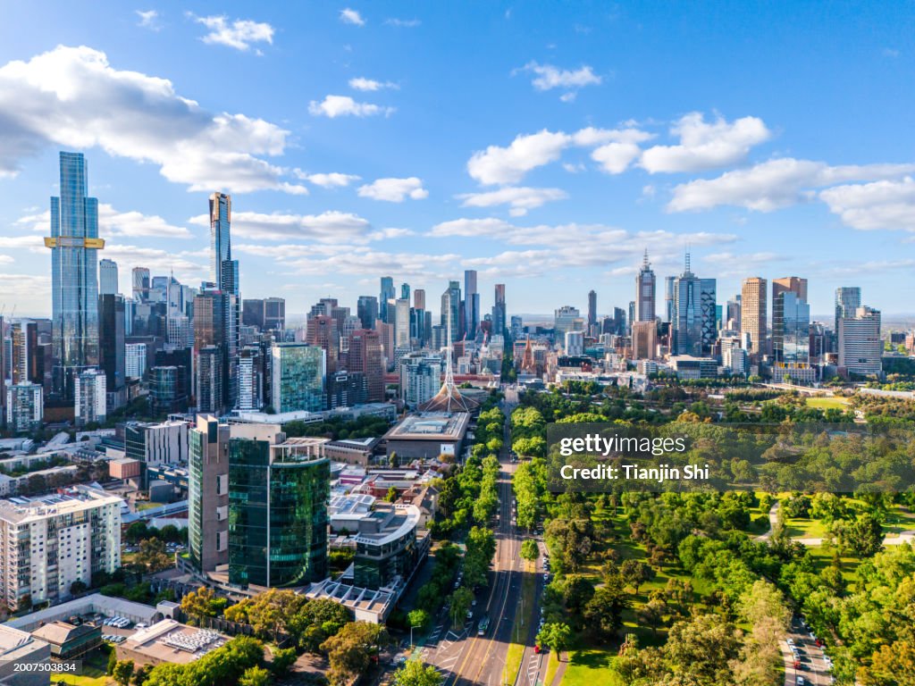 The panorama aerial view of Melbourne city skyline