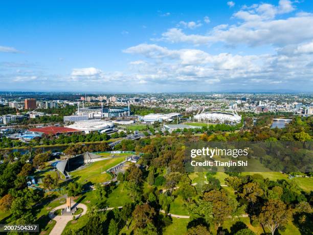 the panorama aerial view of melbourne city skyline - melbourne parkland stock pictures, royalty-free photos & images