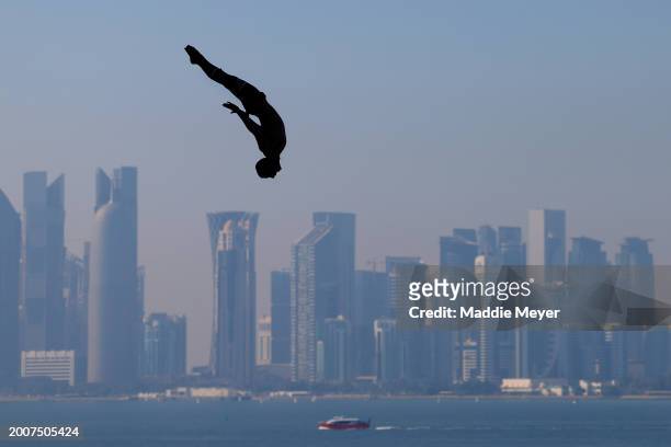 Vadym Nevinhlovskyi of Team Ukraine competes in the Men's 27m High Diving Rounds 1 & 2 on day twelve of the Doha 2024 World Aquatics Championships at...