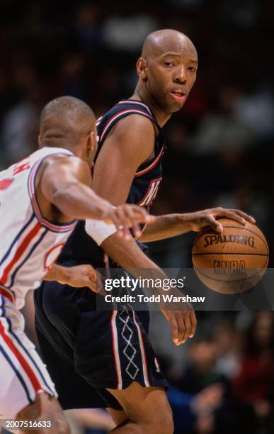 Sam Cassell, Point Guard for the New Jersey Nets in motion dribbling the basketball during the NBA Pacific Division basketball game against the Los...