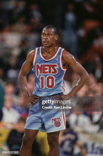 Mookie Blaylock, Point Guard for the New Jersey Nets looks on with hands on hips during the NBA Pacific Division basketball game against the Los...